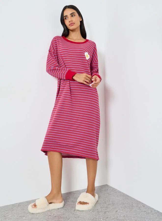 Styli Striped Long Sleeve Sleep Dress with Flower Applique